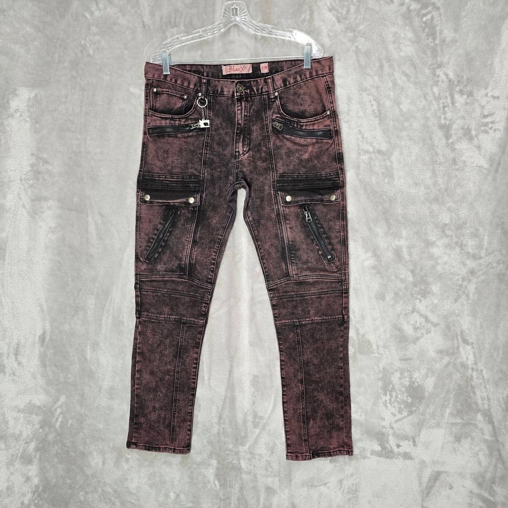 BlacX Jeans Cargo Biker Pants Mens 36 Maroon Acid Wash Zipper Detail Moto Street